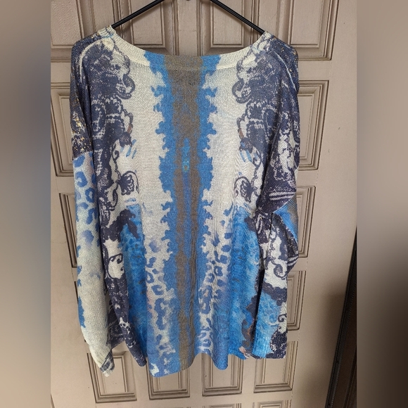 Lightweight Sweater Blue/White/Gold Patterned Women's Top SzL Long Sleeves - Picture 4 of 8